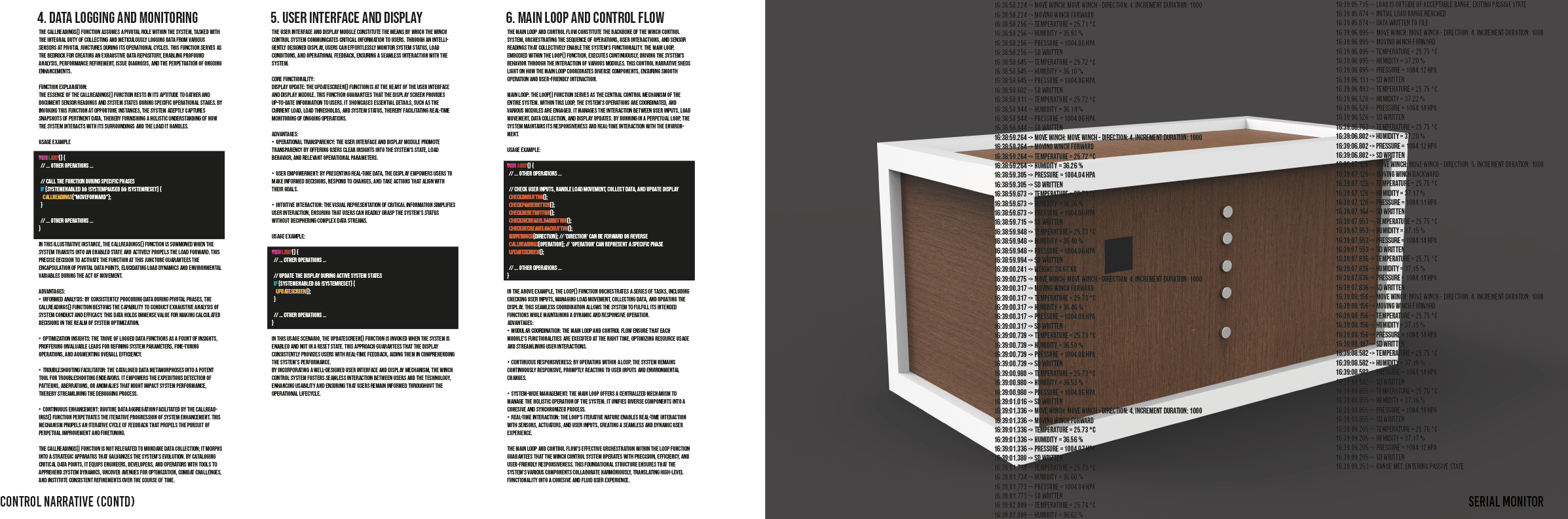 A split image featuring technical text on data logging, monitoring, user interface, and control systems on the left side. On the right side, there's a 3D model of a wooden box with white edges, with text overlay showing a stream of numerical and comm
