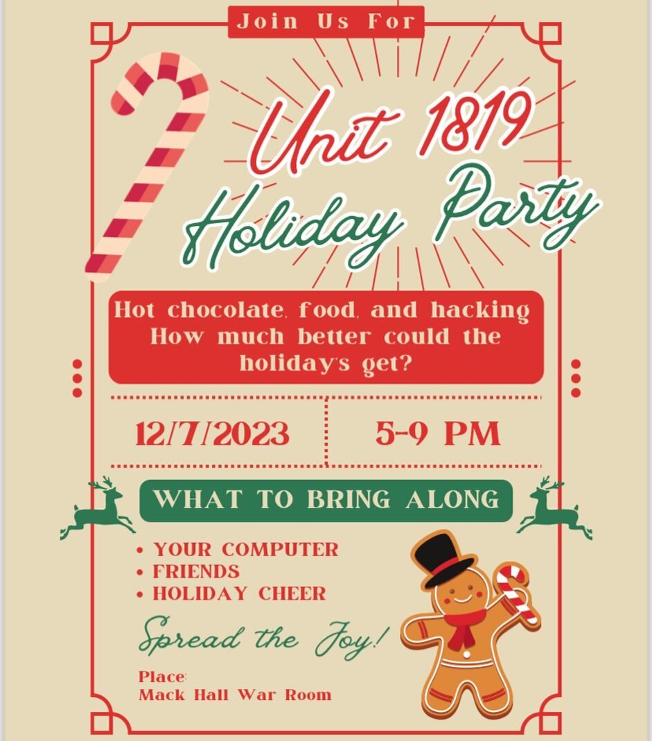⭐️Join us tomorrow for a fun Holiday Party!⭐️

📆Dec 7
⏰ 5-9pm
📍Mack Hall War Room
💼Computer, friends, and holiday cheer!