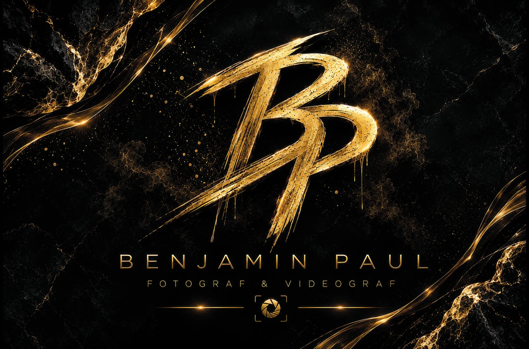 Das Bild zeigt ein glänzendes, goldfarbenes Logo von Benjamin Paul auf einem schwarzen Hintergrund mit goldenen Spritzern und Linien. Darunter steht der Name 'Benjamin Paul' und die Bezeichnung 'Fotograf & Videograf'.