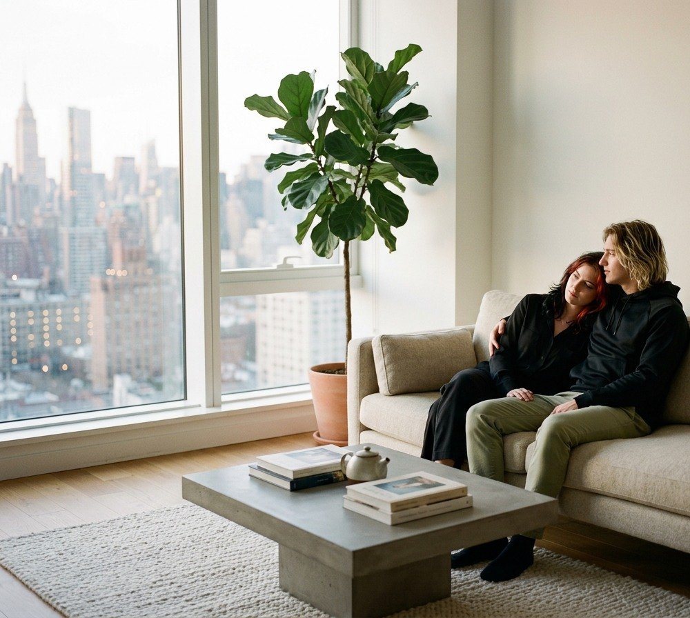 young couple sitting on a therapy coach in new york