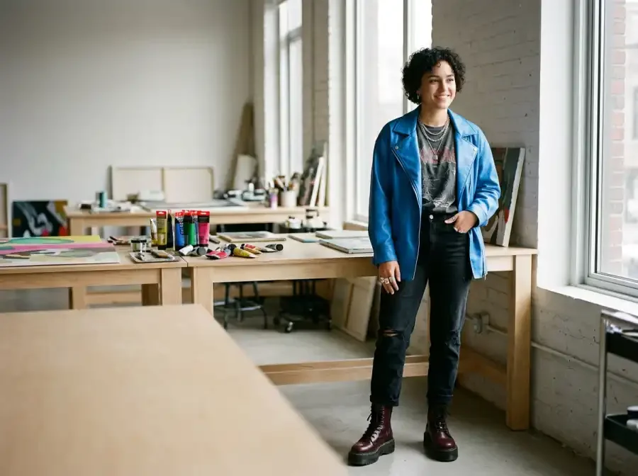 woman in her workshop feeling accomplished