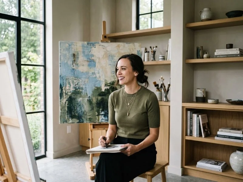 woman painter in her studio smiling