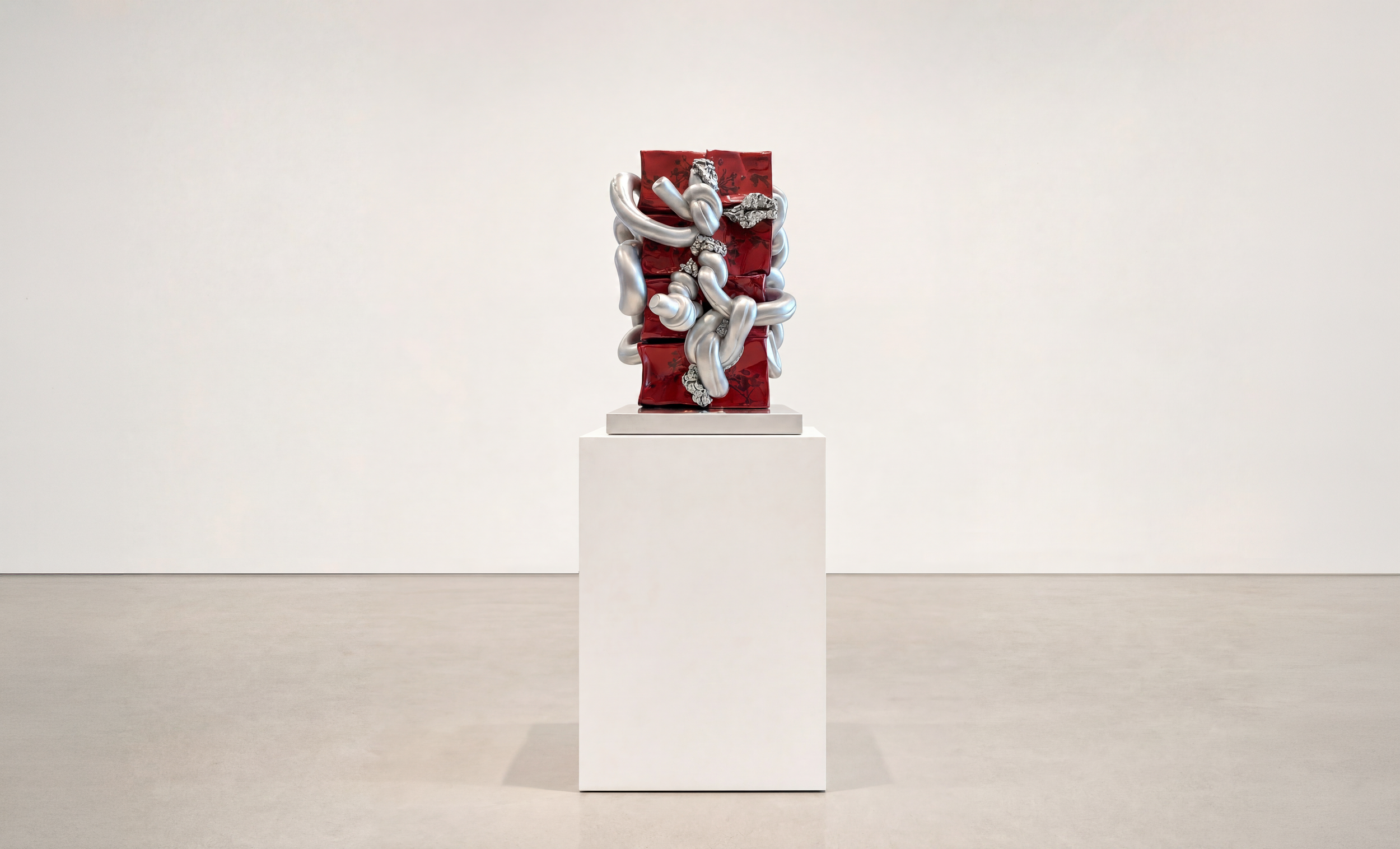   The Fault Monument , 2026, steel, tins, aluminum foil and resin, 21 × 14 × 14 inches, edition of 1 + 1 AP 