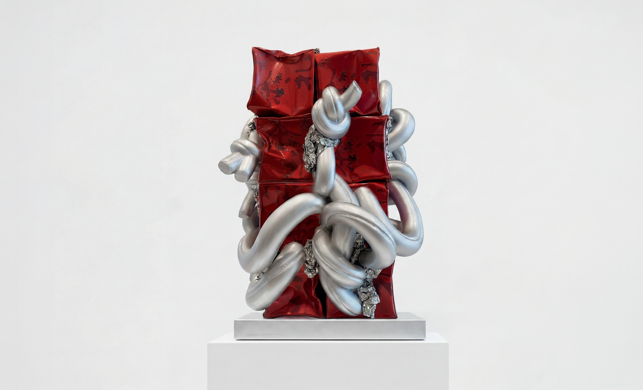   The Fault Monument , 2026, steel, tins, aluminum foil and resin, 21 × 14 × 14 inches, edition of 1 + 1 AP 