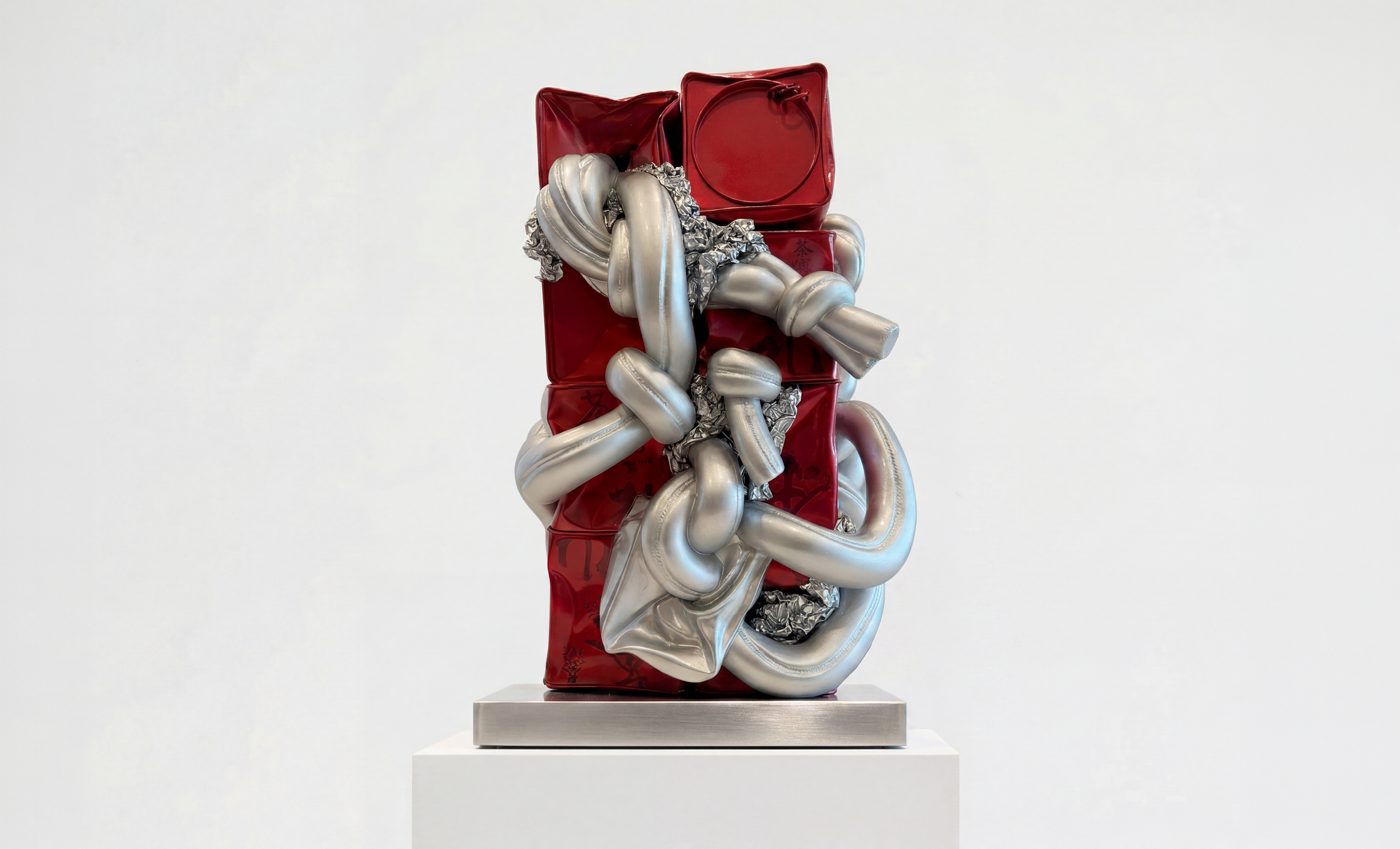   The Fault Monument , 2026, steel, tins, aluminum foil and resin, 21 × 14 × 14 inches, edition of 1 + 1 AP 