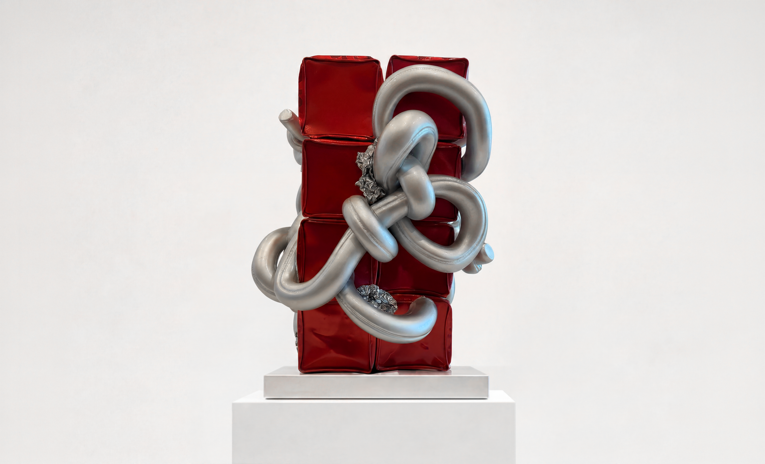   The Fault Monument , 2026, steel, tins, aluminum foil and resin, 21 × 14 × 14 inches, edition of 1 + 1 AP 