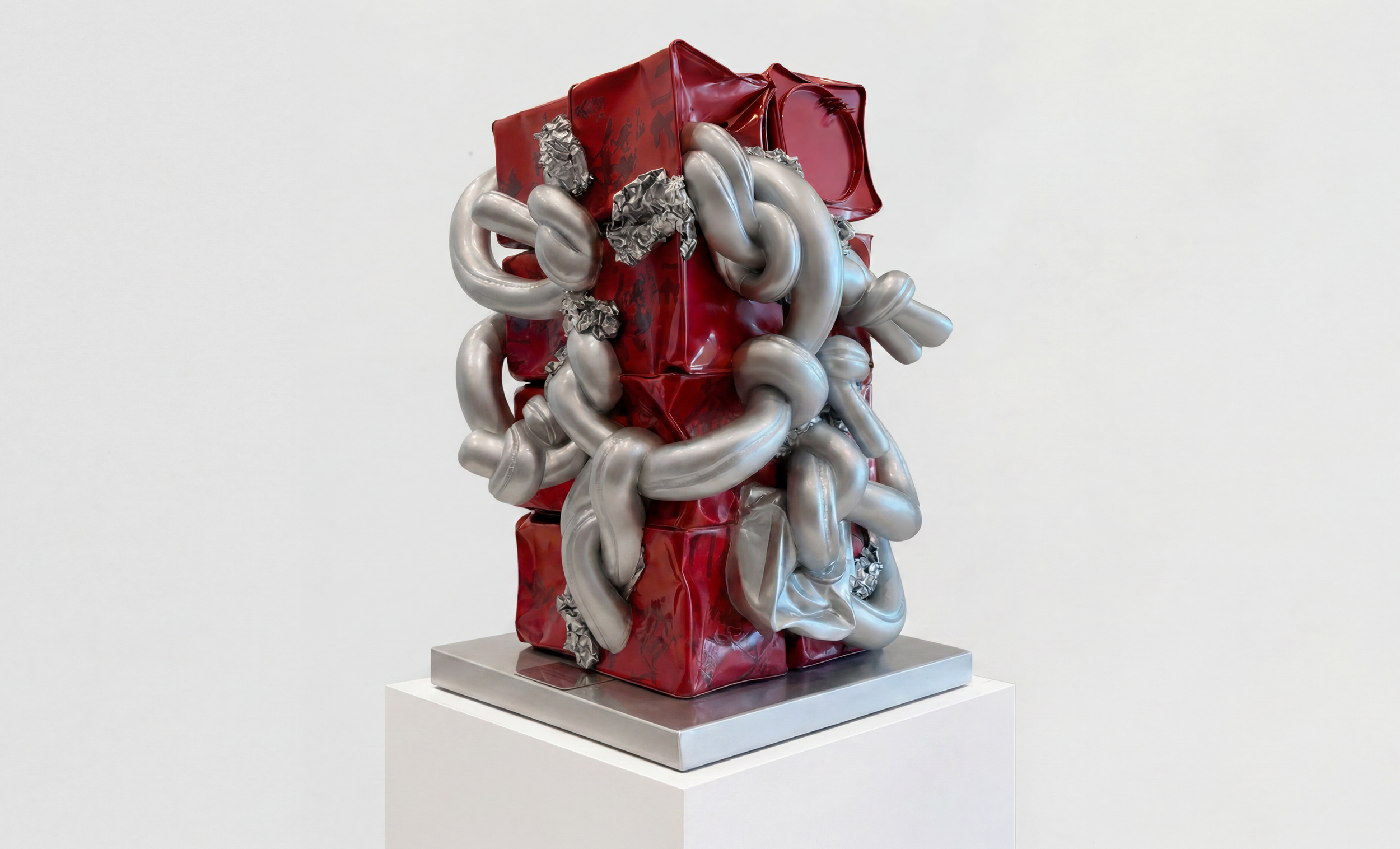  The Fault Monument , 2026, steel, tins, aluminum foil and resin, 21 × 14 × 14 inches, edition of 1 + 1 AP 