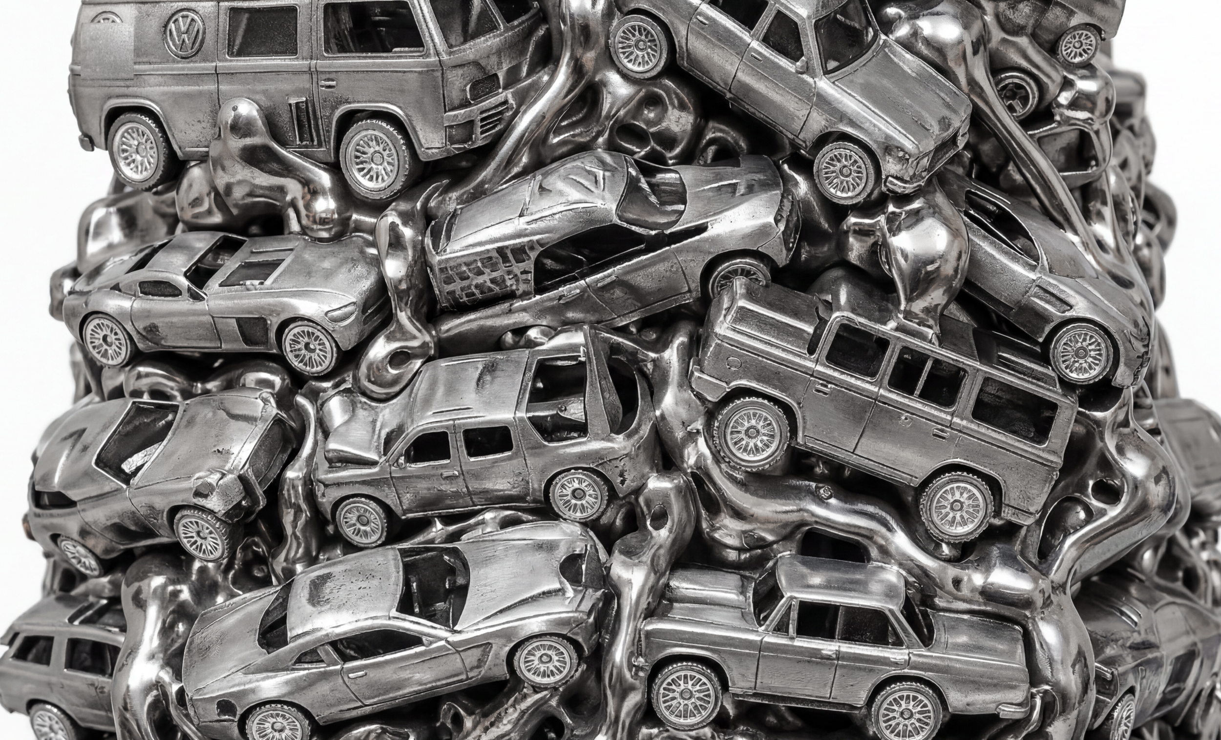   The Surrogate Monument , 2026, welded diecast model cars, stainless steel, 23.1 × 11.2 × 11.2 inches 