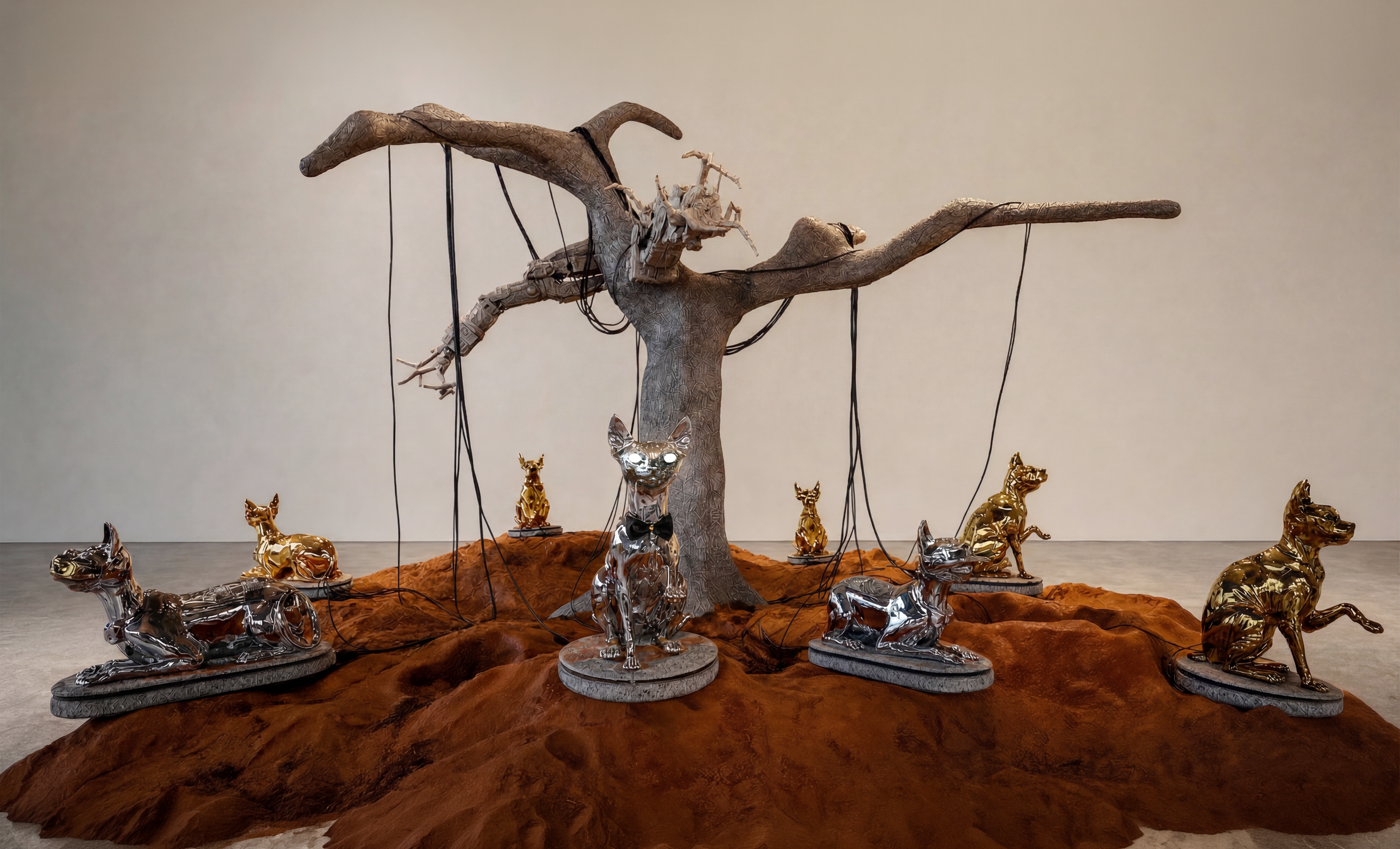   Mission on Mars , 2022, interactive installation with sound, fiberglass, sphynx-cat-shaped speakers, steel-aluminum arms, dyed tree, sensors embedded in dyed soil, 227.5 × 244.5 × 143.7 inches 
