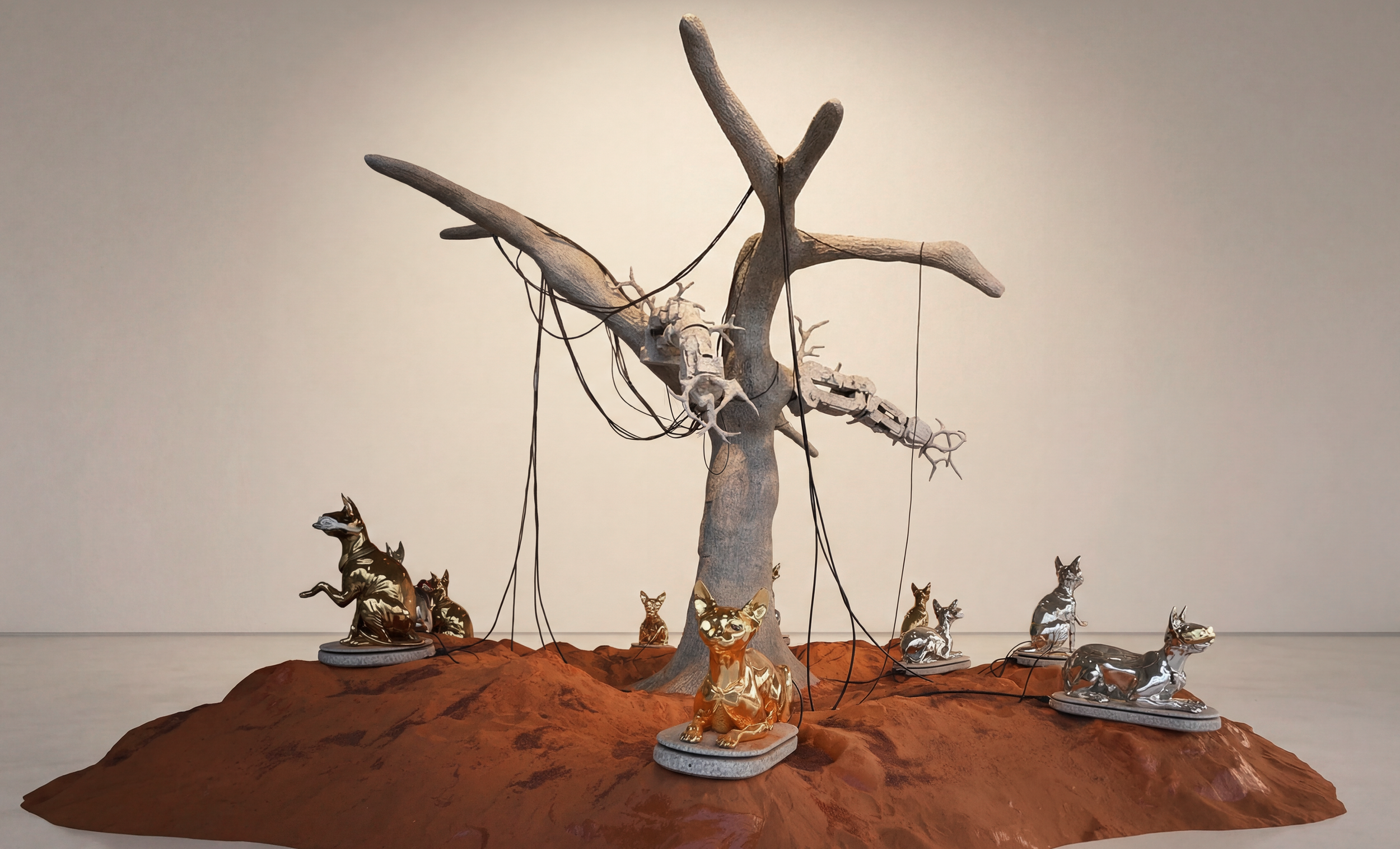   Mission on Mars , 2022, interactive installation with sound, fiberglass, sphynx-cat-shaped speakers, steel-aluminum arms, dyed tree, sensors embedded in dyed soil, 227.5 × 244.5 × 143.7 inches 