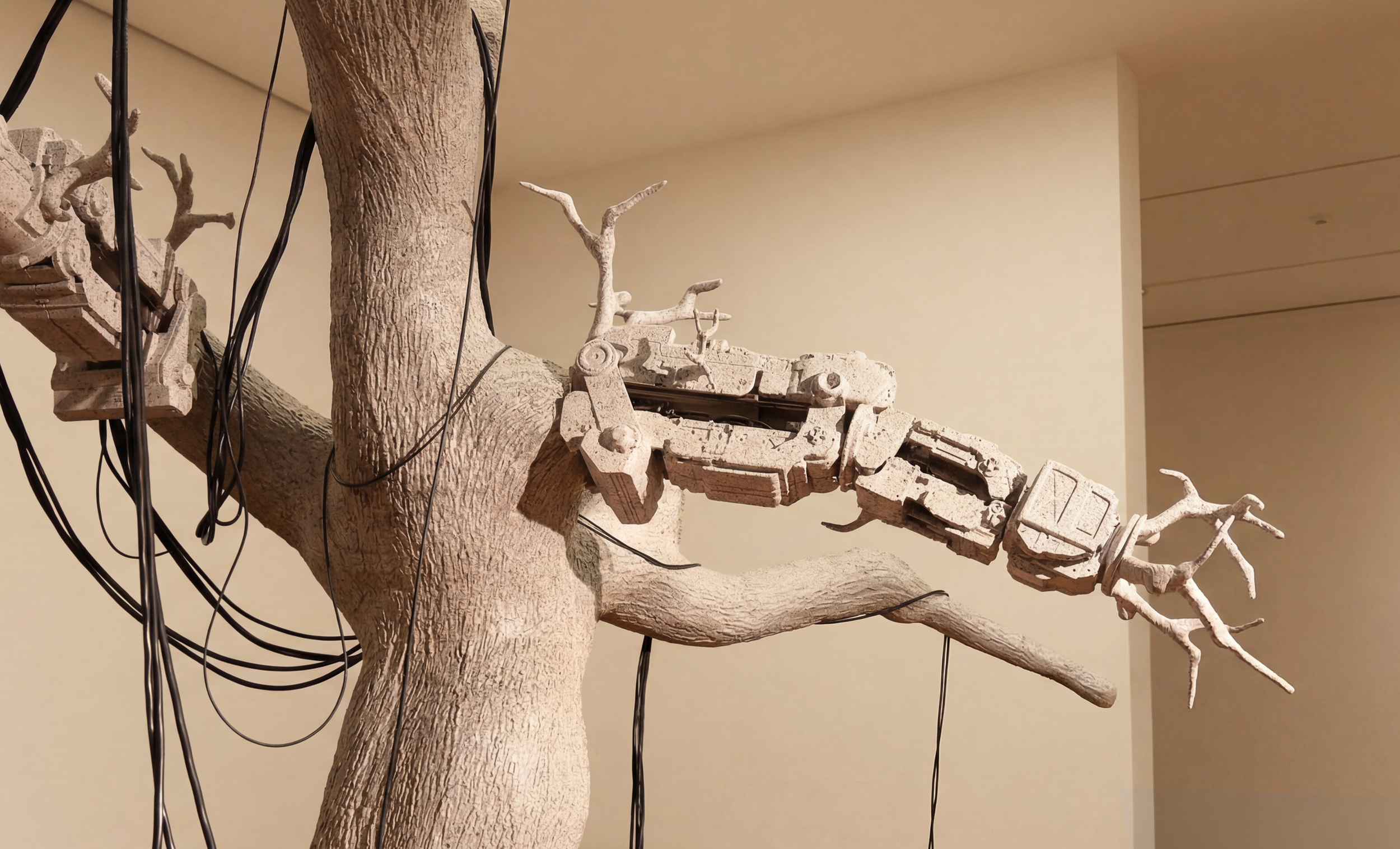   Mission on Mars , 2022, interactive installation with sound, fiberglass, sphynx-cat-shaped speakers, steel-aluminum arms, dyed tree, sensors embedded in dyed soil, 227.5 × 244.5 × 143.7 inches 