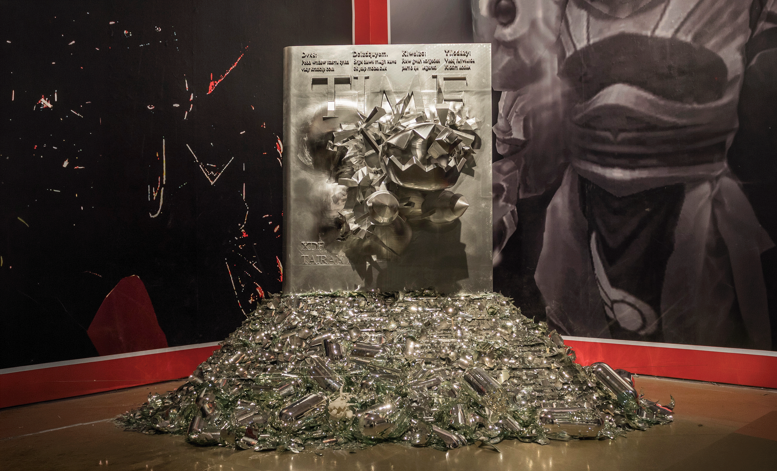   Shuttling Between V&amp;R , 2017, broken glass and 3D-printed plastic, 92.5 × 70.9 × 31.5 inches 