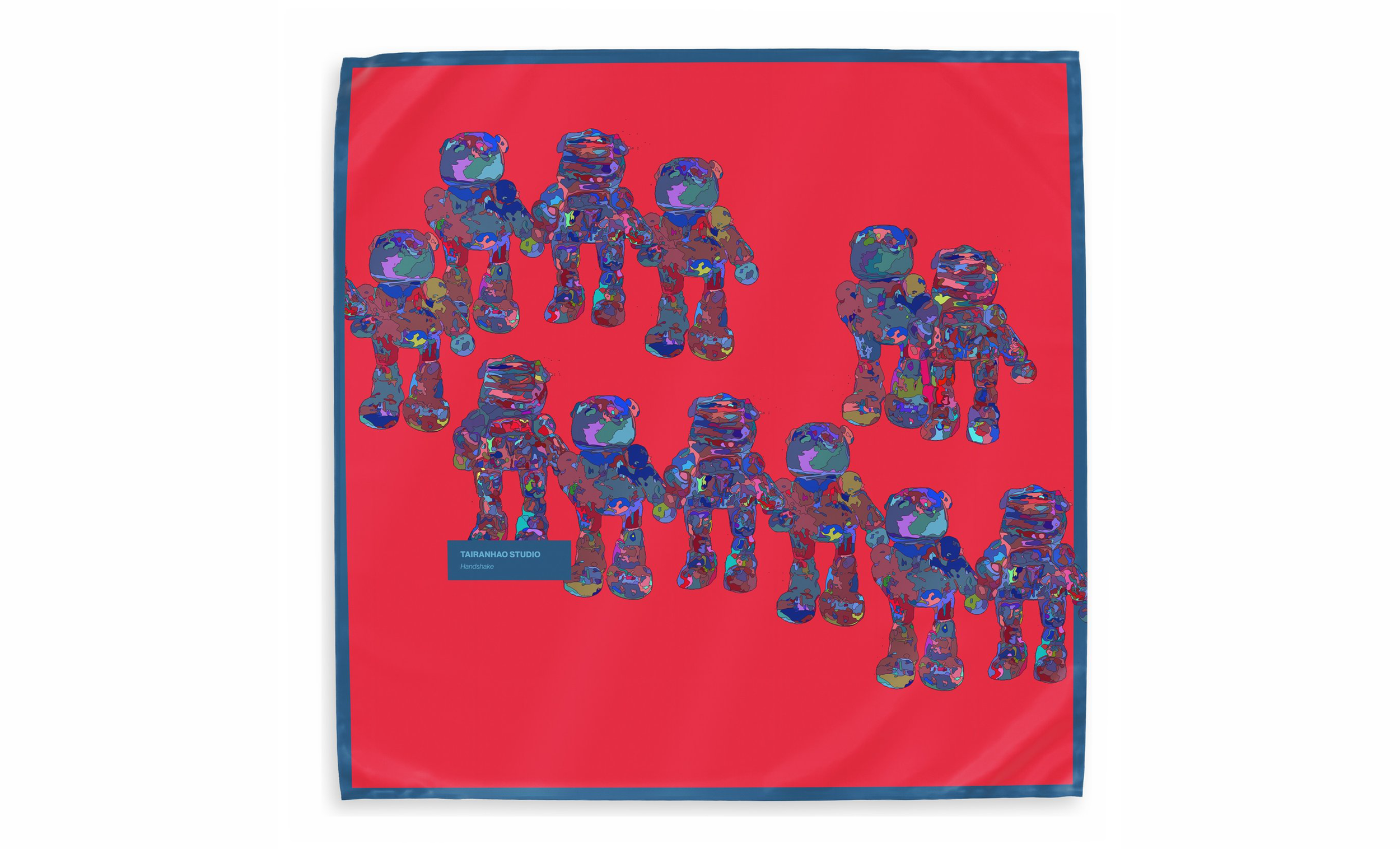   Handshake , digital pigment print on 18 momme silk twill with hand-rolled hem, 2021, 35.4 × 35.4 inches, limited edition of 200, Produced by TAIRANHAO STUDIO® 