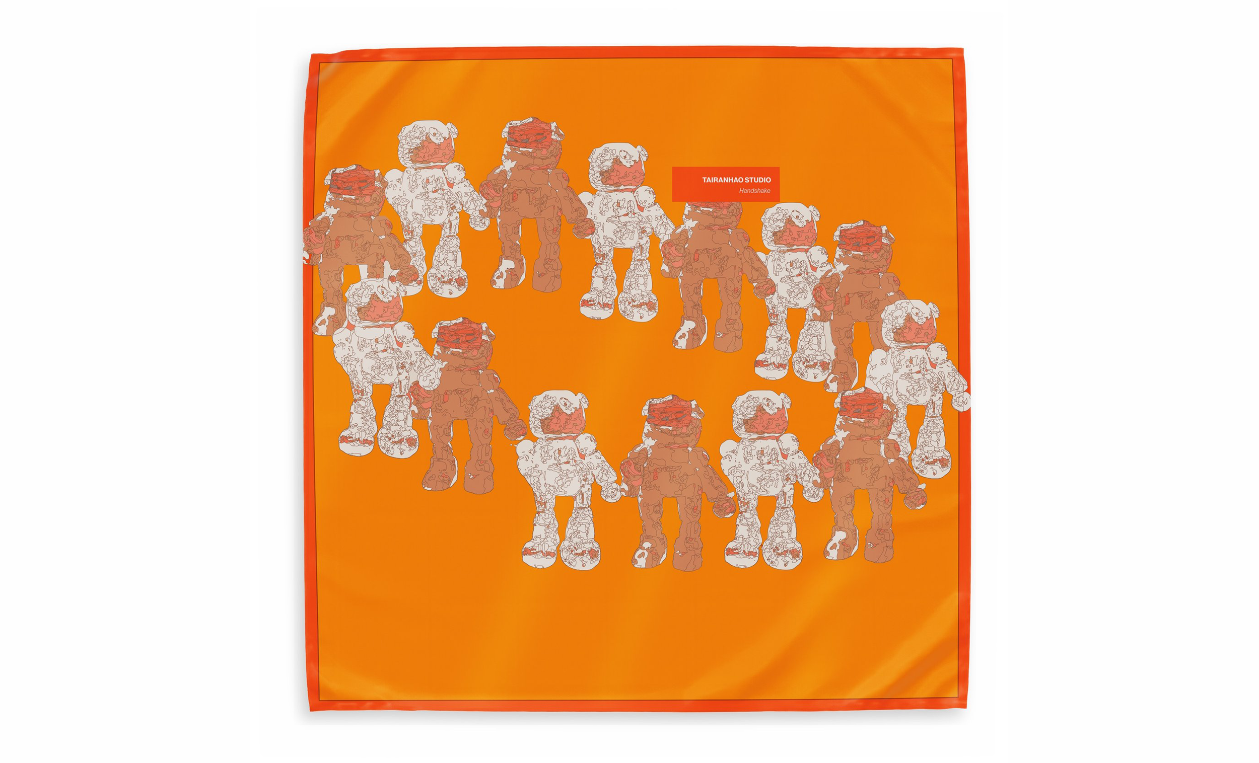   Handshake , digital pigment print on 18 momme silk twill with hand-rolled hem, 2021, 35.4 × 35.4 inches, limited edition of 200, Produced by TAIRANHAO STUDIO® 