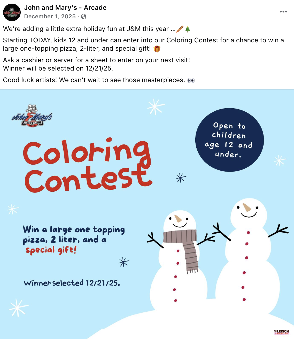 Consistent restaurant social media feed for John & Mary’s designed to feel warm, recognizable, and easy to engage with. Ongoing content creation and management by Fleisch Creative.