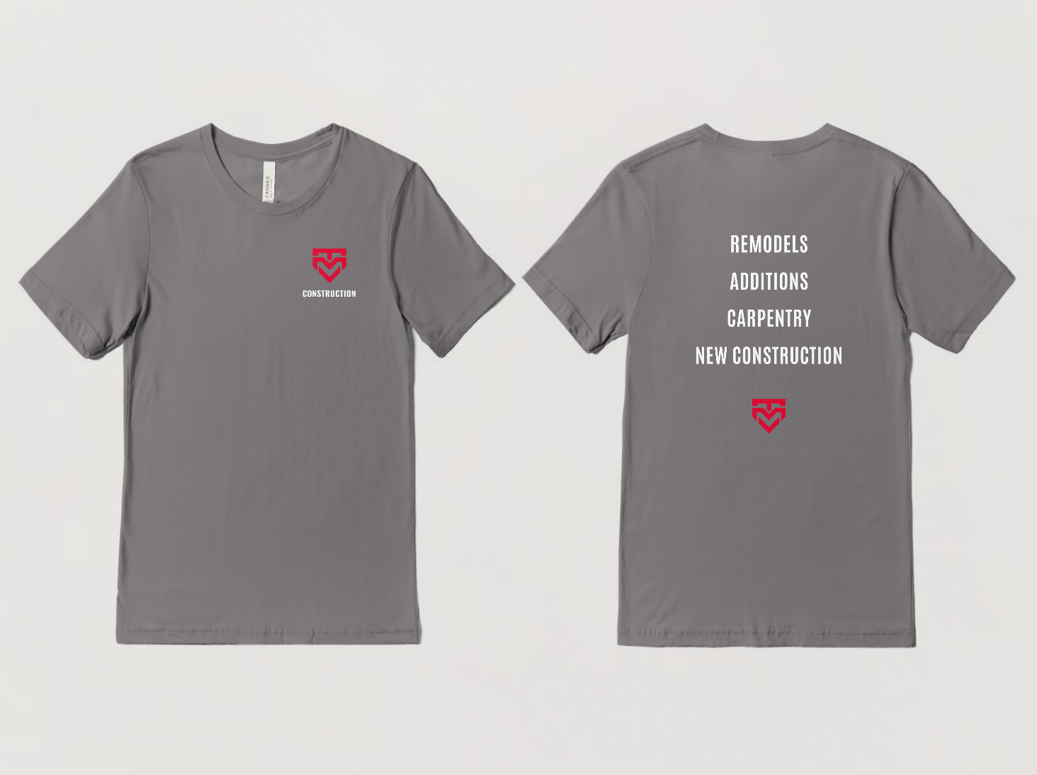 Branded construction apparel for TMV Construction Group, featuring bold logo design on contractor workwear. Designed to help local residential contractors look professional on job sites and build brand recognition in their community.