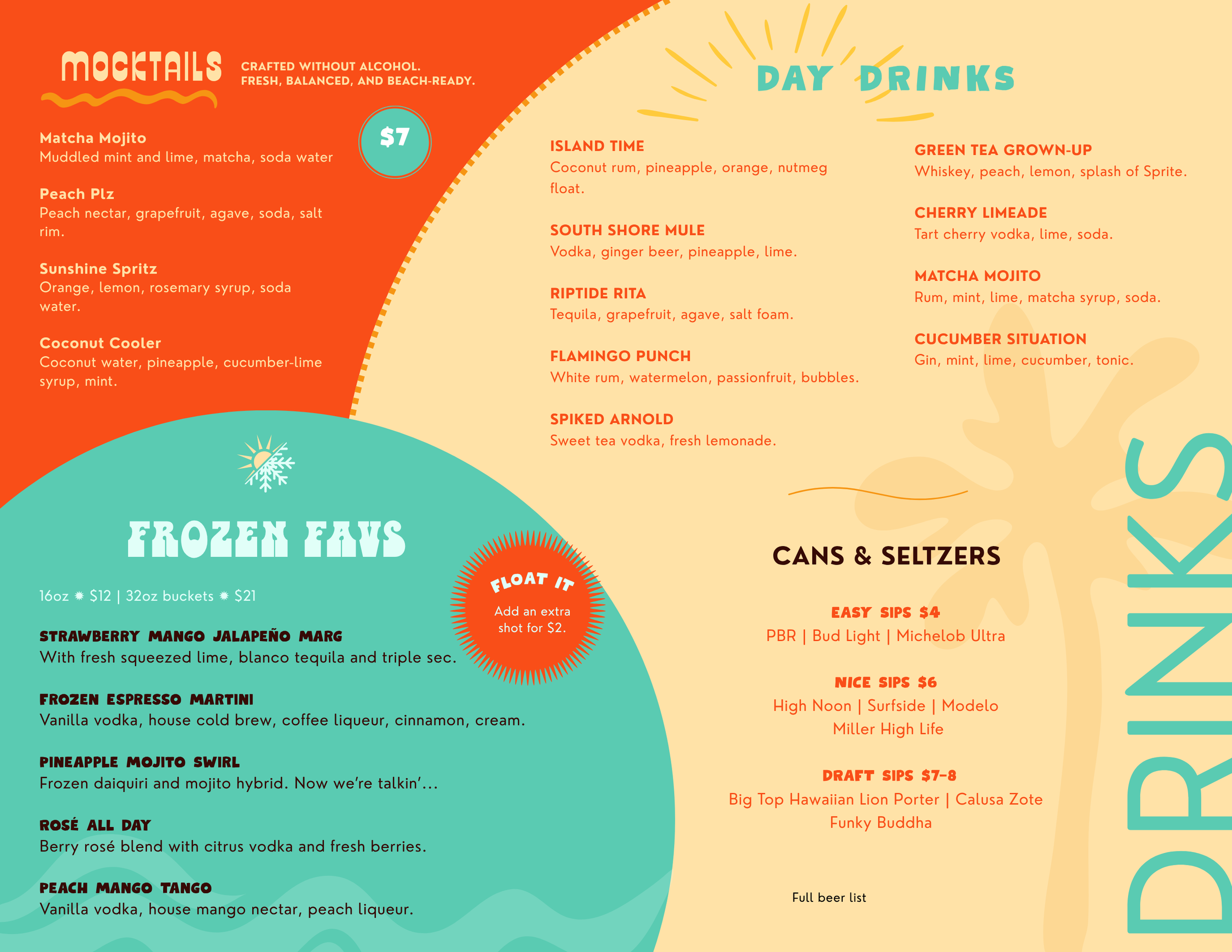 Bright, playful cocktail menu and print design for SIP Cocktail Lounge by Fleisch Creative featuring bold layouts, coastal color accents, and engaging typography tailored for beach bar drink menus and hospitality print collateral.