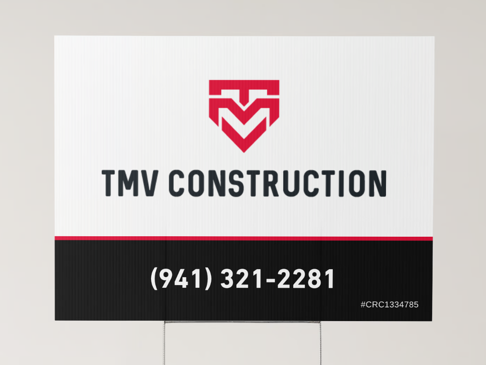 Custom yard sign design for TMV Construction Group, created for a residential contractor to promote services on active job sites. Bold, readable graphics help local contractors attract new clients through on-site marketing.