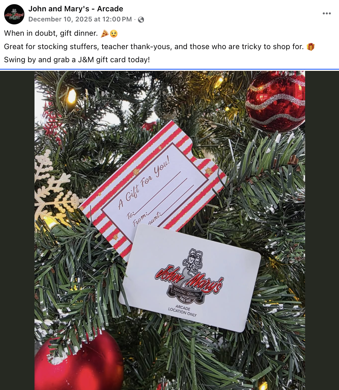 Seasonal restaurant social media content for John & Mary’s focused on holidays and gift card promotion. Planned and managed by Fleisch Creative.