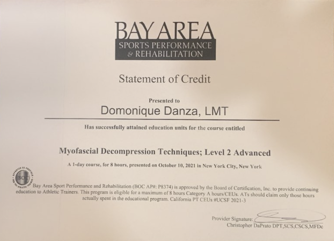 Myofascial Decompression Techniques Level 2 Advanced Statement of Credits