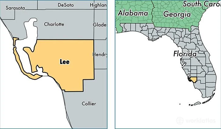 Map highlighting Lee County in Florida, showing its location in the state and surrounding counties.