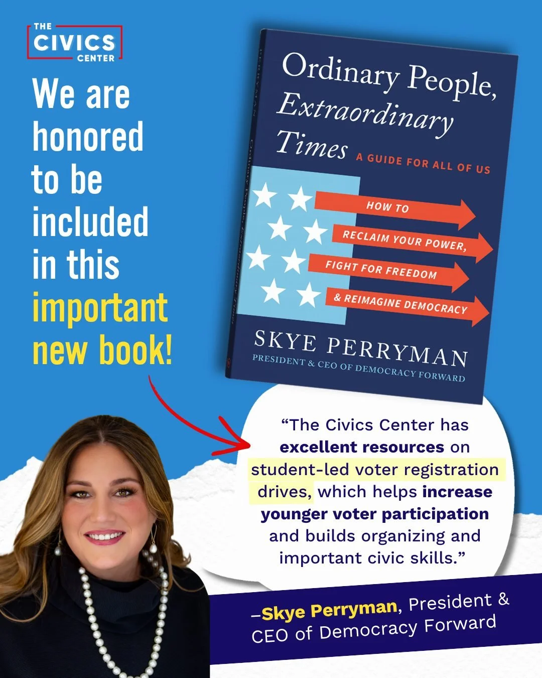 📚 Big news: The Civics Center is featured in "Ordinary People, Extraordinary Times," the new book from @SkyePerryman of @DemocracyFwd !

It's a book about building civic trust, working across differences, and finding your own agency to act