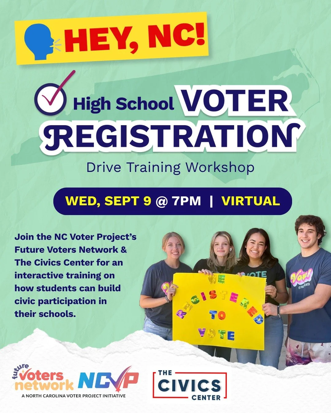 📣 Calling all North Carolina teens!

Do you care about democracy, civics, and want to learn valuable leadership skills in your community? 

Join us and @ncvoterproject this Wednesday, September 9th for an interactive training on how students can bui