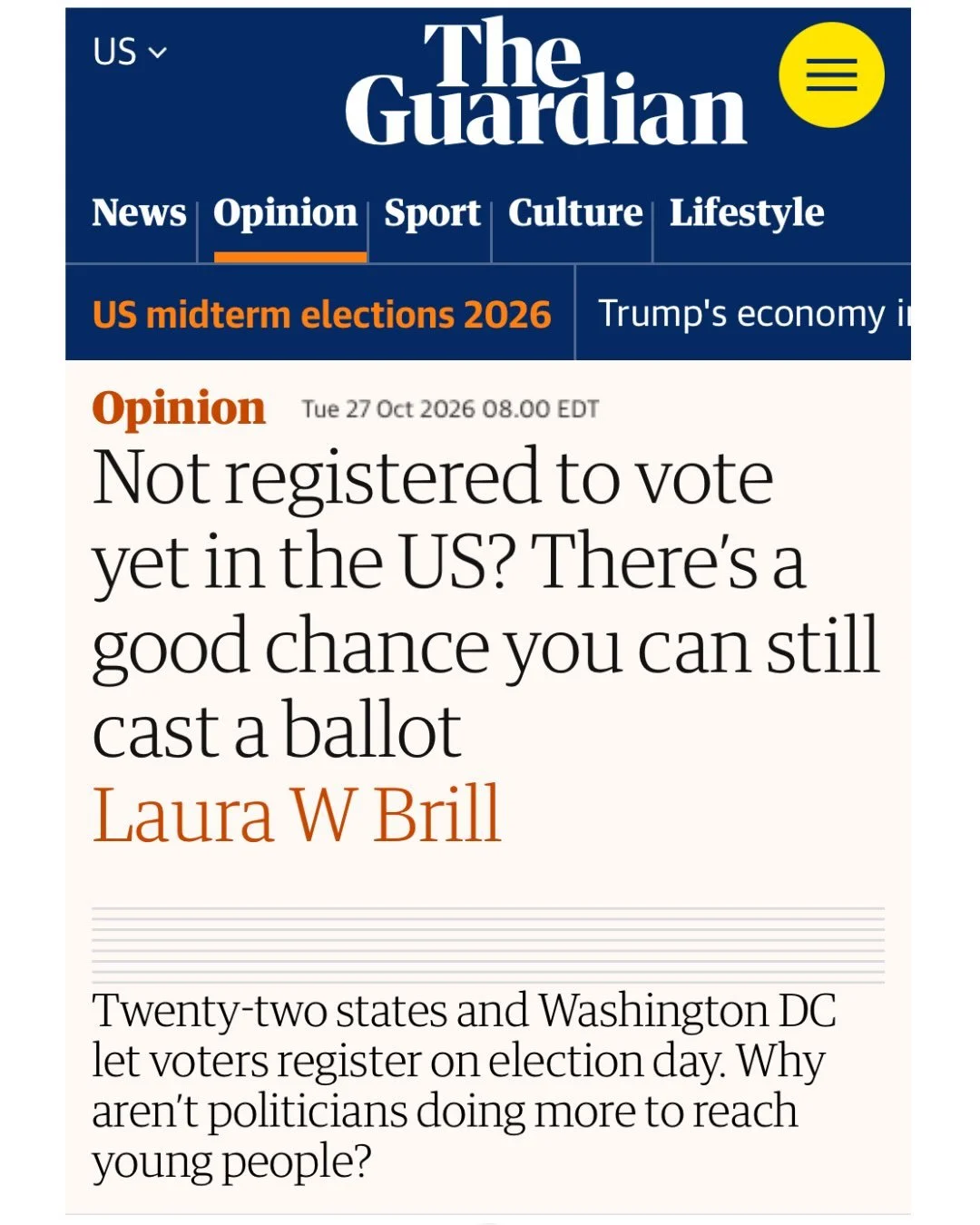 Our thanks to @guardian_us for publishing this Op Ed from founder and CEO of The Civics Center, Laura W. Brill. 

800,000 first-time voters are not yet registered, but they live in states where they can still cast a ballot on November 3. Why aren't p