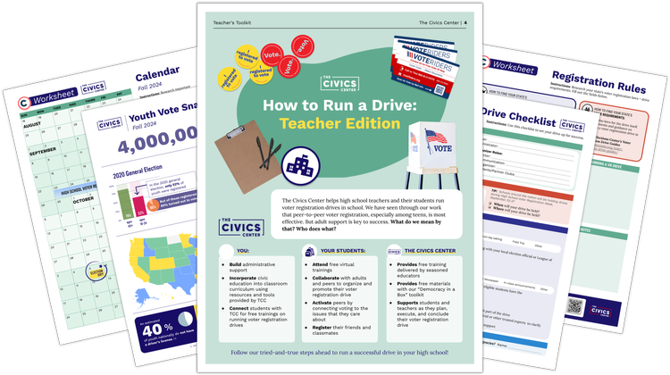 Teacher toolkit showing how to run a high school voter registration drive.