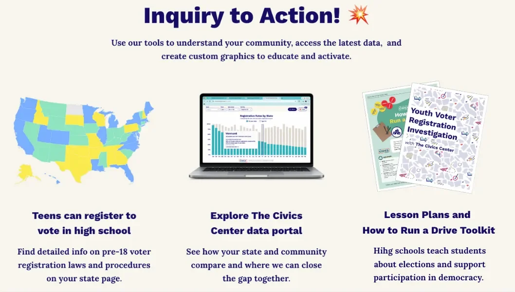 The Civics Center resources for high school civic engagement, including state voter registration guides, a data portal, lesson plans, and a voter registration drive toolkit