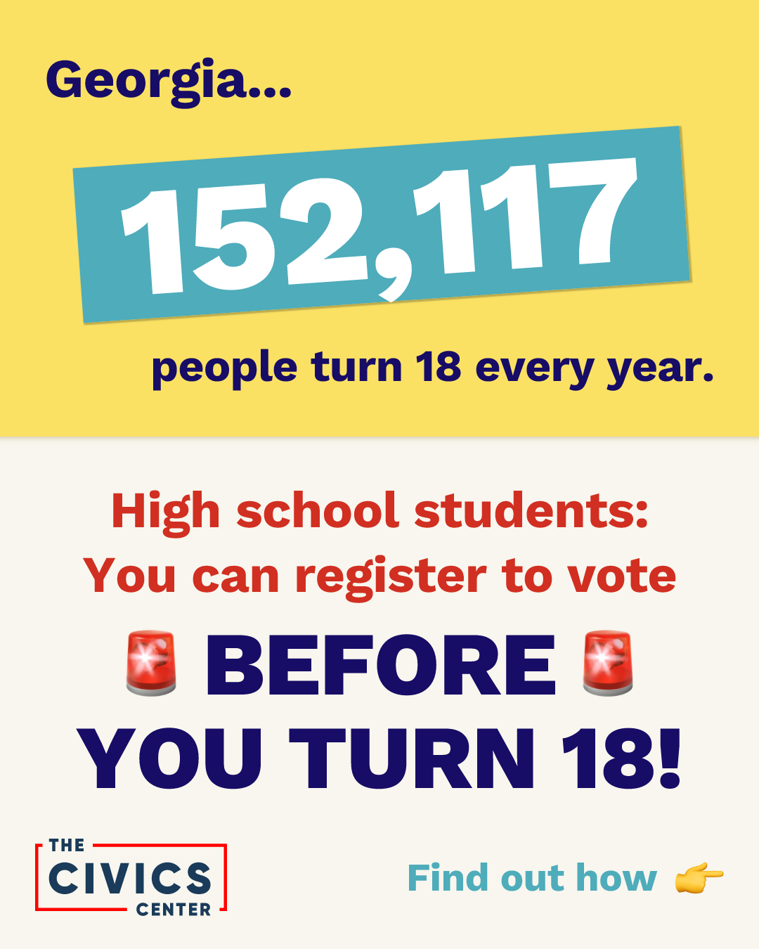 Georgia... 152,117 people turn 18 every year. High school students: You can register to vote before your turn 18! Find out how.