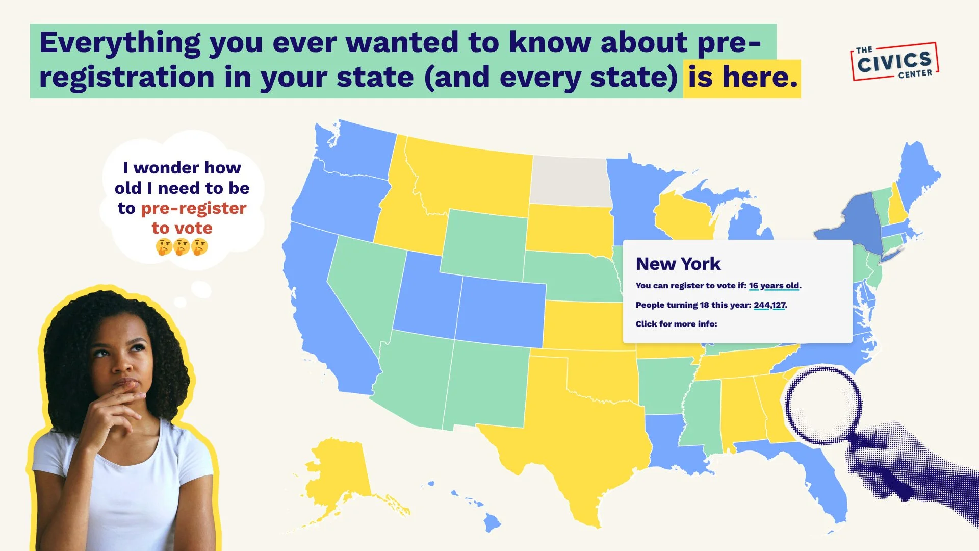 Interactive pre-registration map showing New York voter registration details for students.