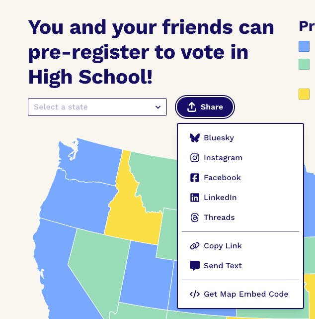 Share menu for sending state voter registration information by social media, text, or direct link.
