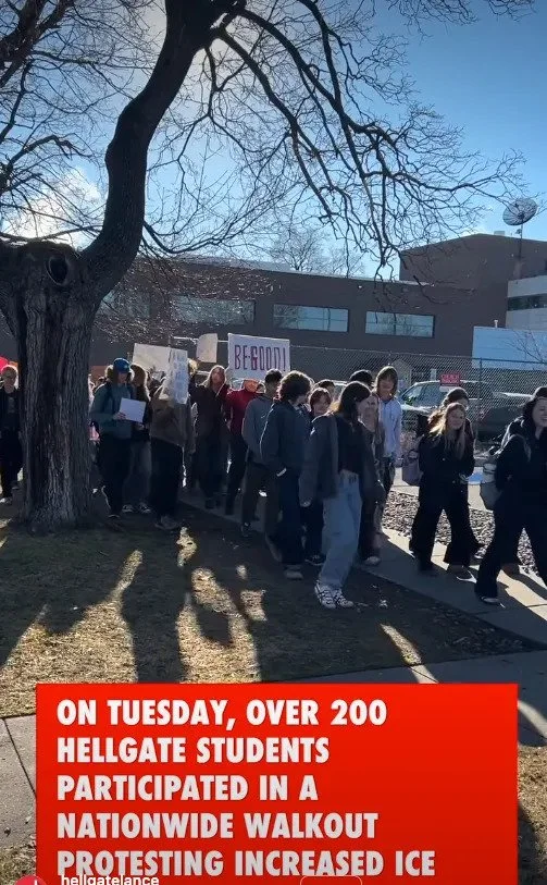 Large group of Hellgate High students participating in a nationwide walkout against increased ICE activity.