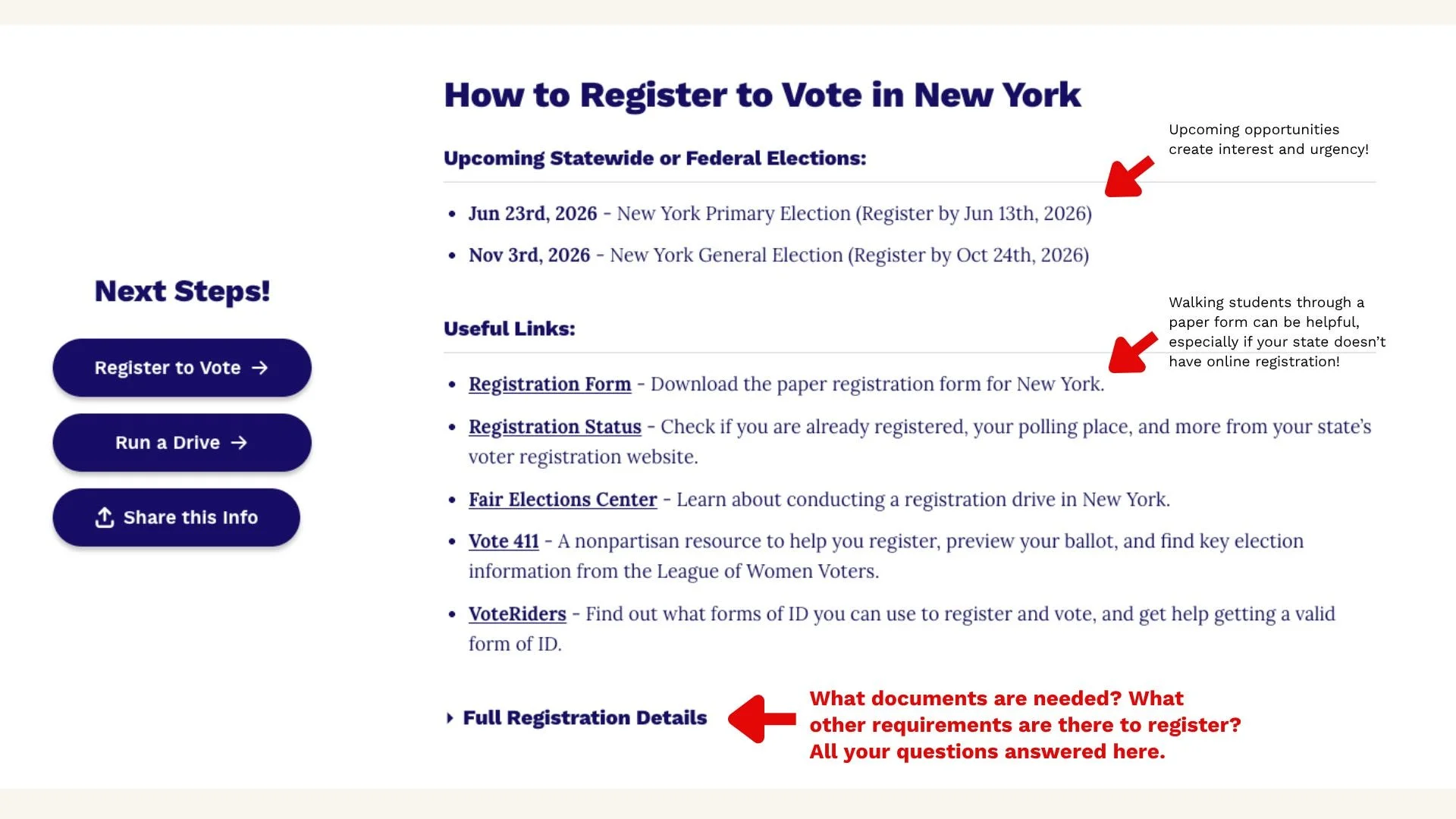 New York voter registration page with upcoming elections, registration forms, useful links, and next steps.