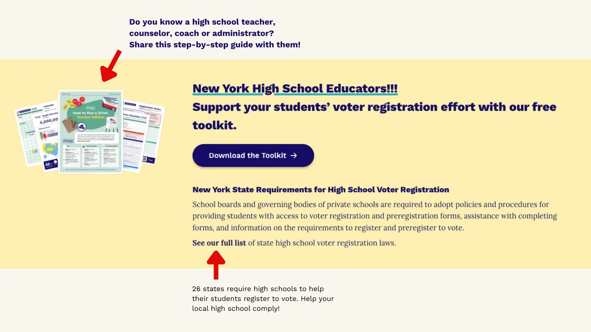 New York high school educator toolkit section with voter registration requirements and a download button.