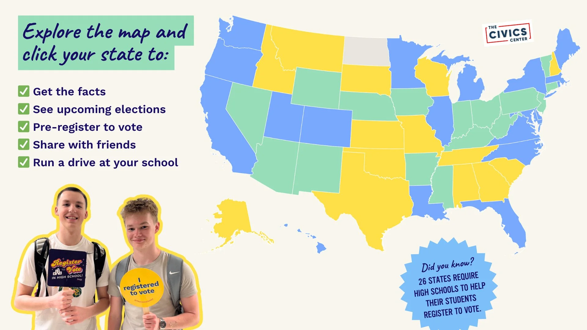 Interactive map showing state voter registration resources for students.