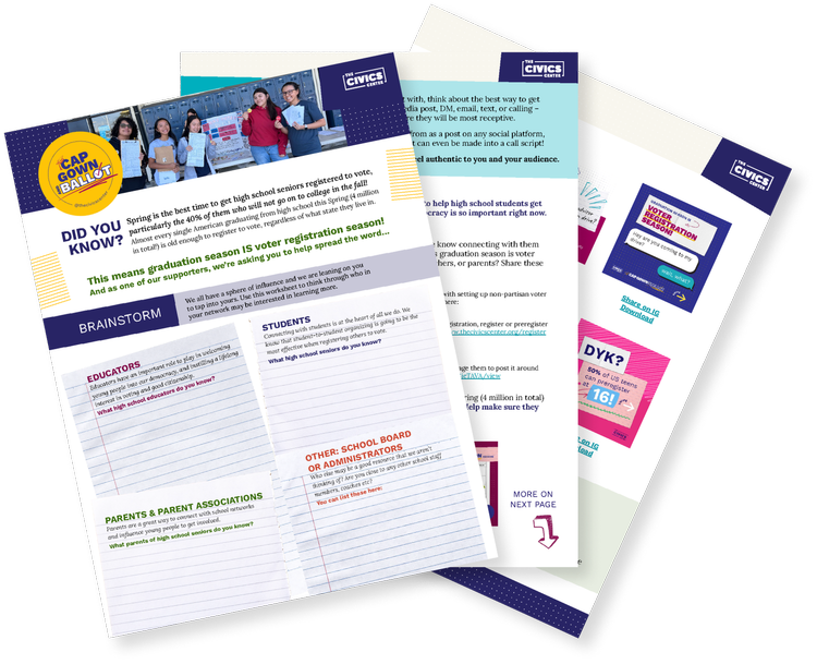 Cap Gown and Ballot voter registration drive toolkit materials for educators and students.