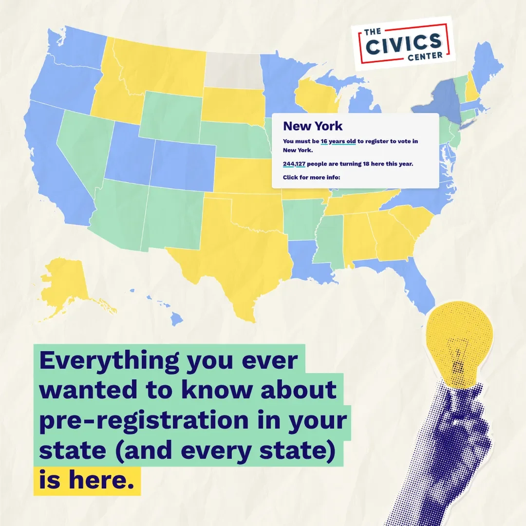 Map of the United States showing state-level voter preregistration information.