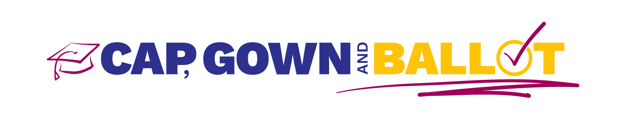 Cap, Gown and Ballot campaign logo with graduation cap icon and checkmark.