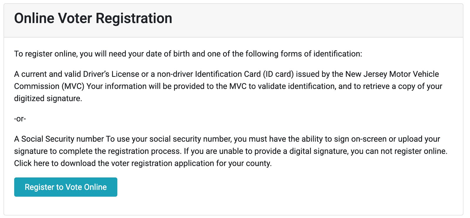 Screenshot of New Jersey’s online voter registration page showing identification requirements and a “Register to Vote Online” button.