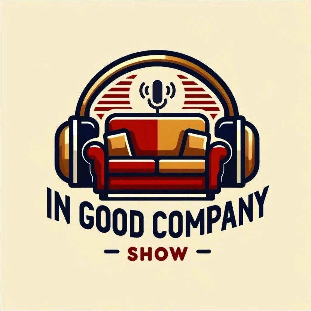 Logo with a microphone, a sofa, and headphones, with text "In Good Company Show."