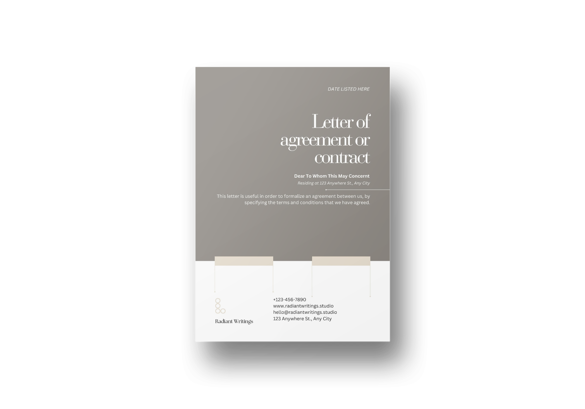 A letter of agreement or contract from Radiant Writings with contact information, on a gray and white background.