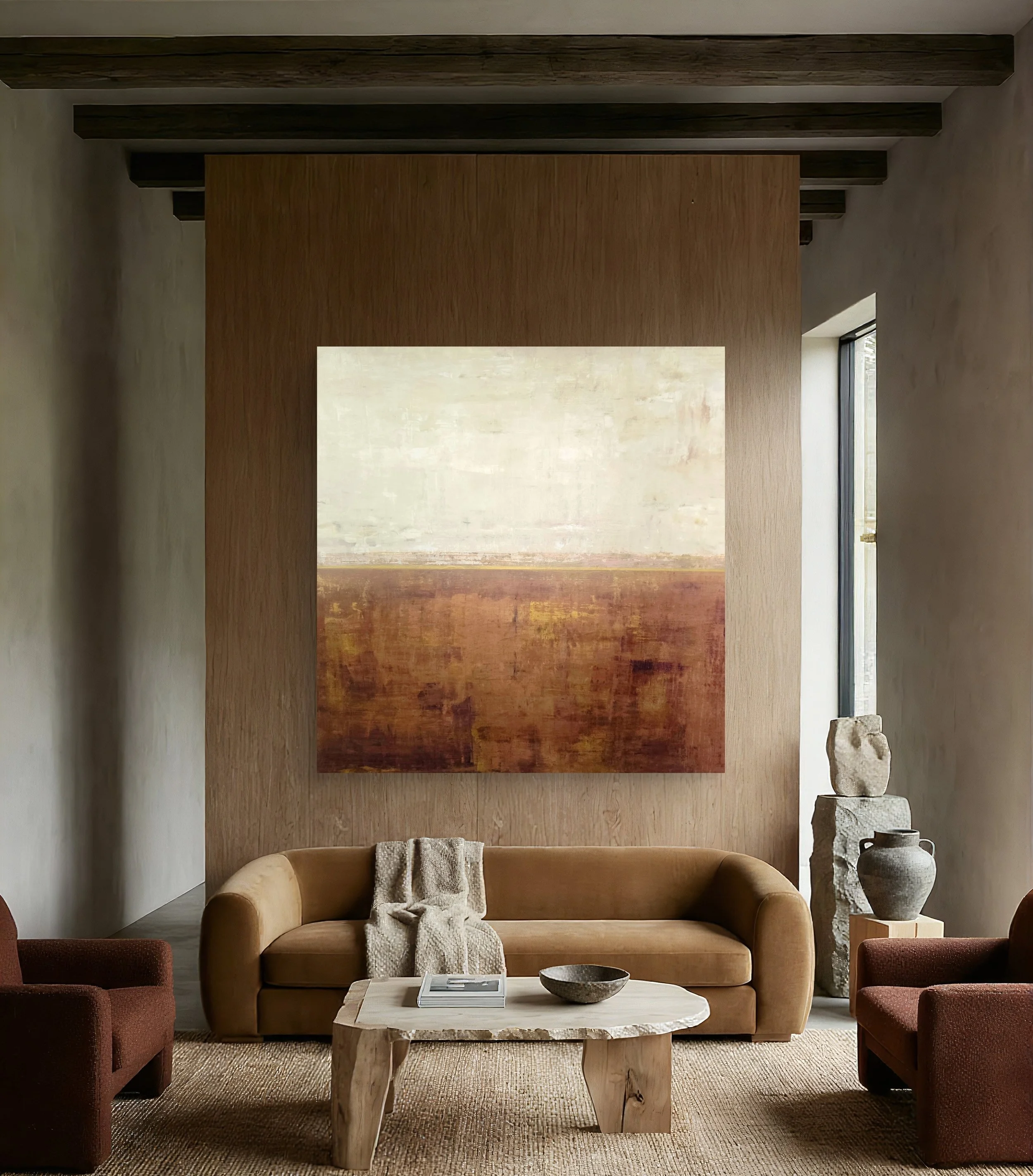 Nature-inspired abstract mixed-media artwork by Utah-based artist Nuha Moretz, featuring layered textures and calming earth tones.