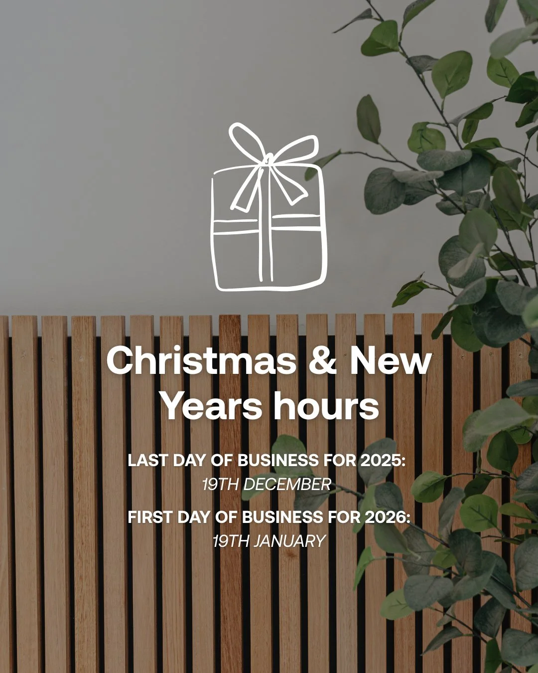 The festive season is here!⁠
 To give our team a well-deserved break, our hours will be adjusted during this time. If you reach out to us, we'll do our best to get back to you once we return to building dream homes on January 19th.
