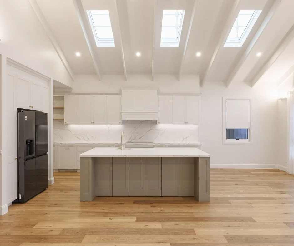 Simply divine. This kitchen is made for unforgettable moments, giving our client a place to cook, create and share meals with the people they love most.⁠
⁠
Marble benchtops pair beautifully with warm timber floors and cabinetry, creating a space that