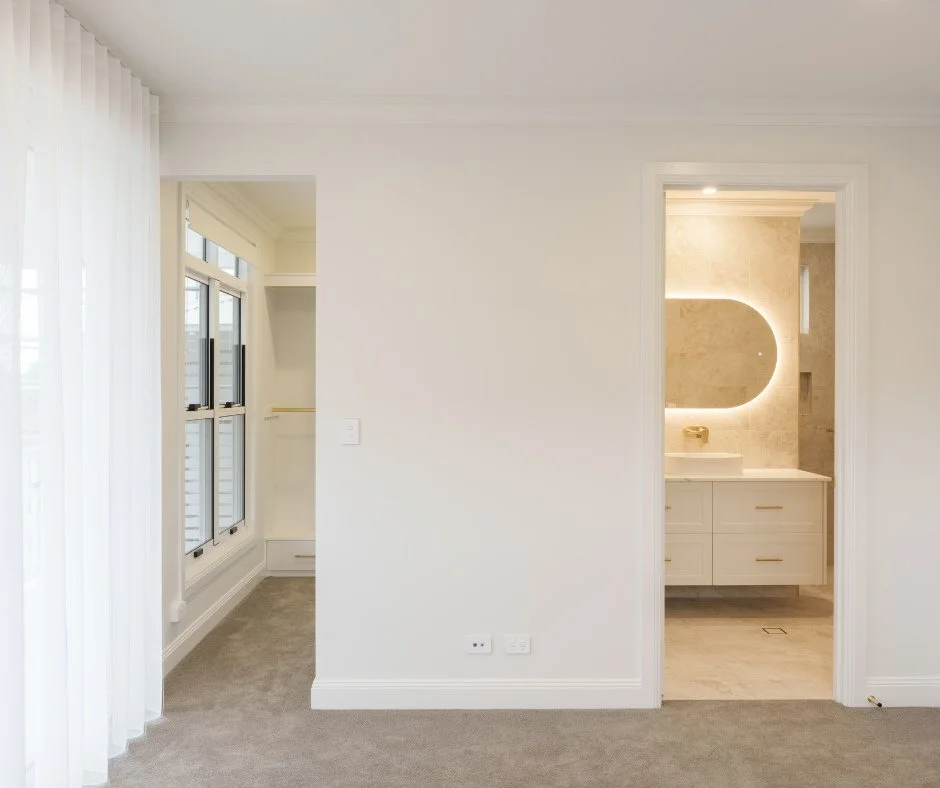 Welcome to the master bedroom.... ⁠
This master suite is a personal retreat designed for luxury and comfort. Marble-tiled bathrooms, a glowing backlit mirror, and a spacious walk-in wardrobe create a space where our client can relax, unwind, and trul