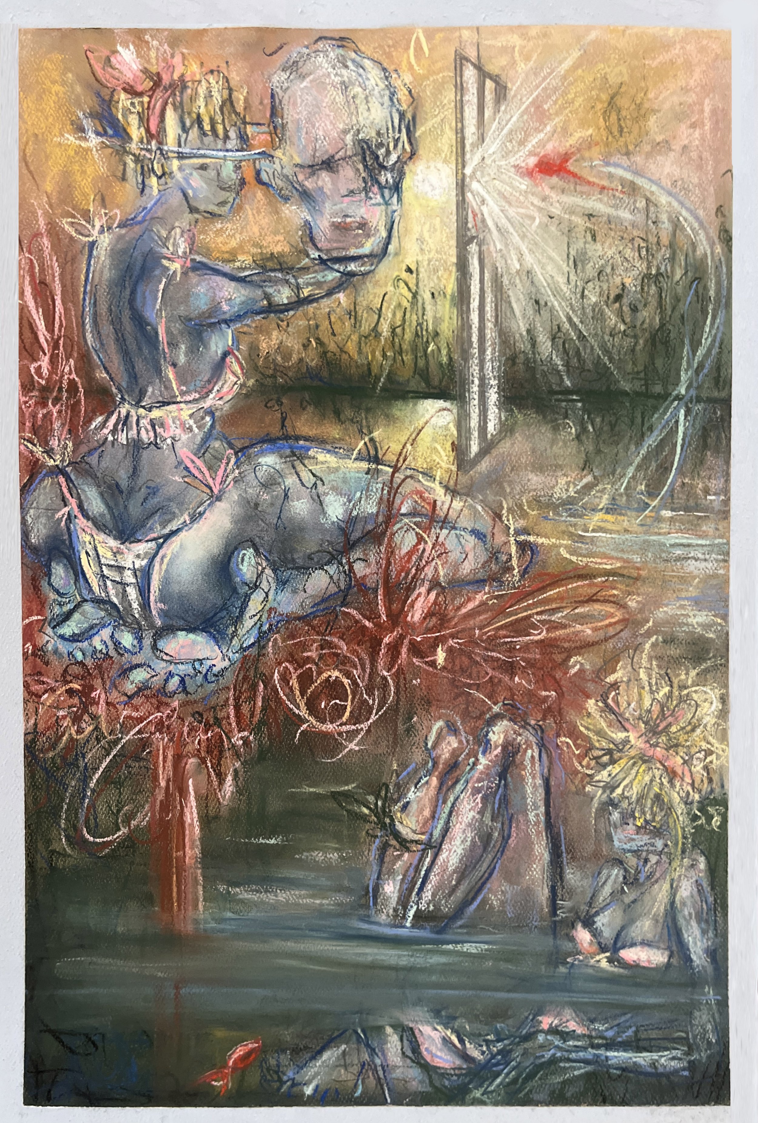 Blue Girls Follow Red Fish | 12"w x 18"h | Graphite and soft pastel on paper