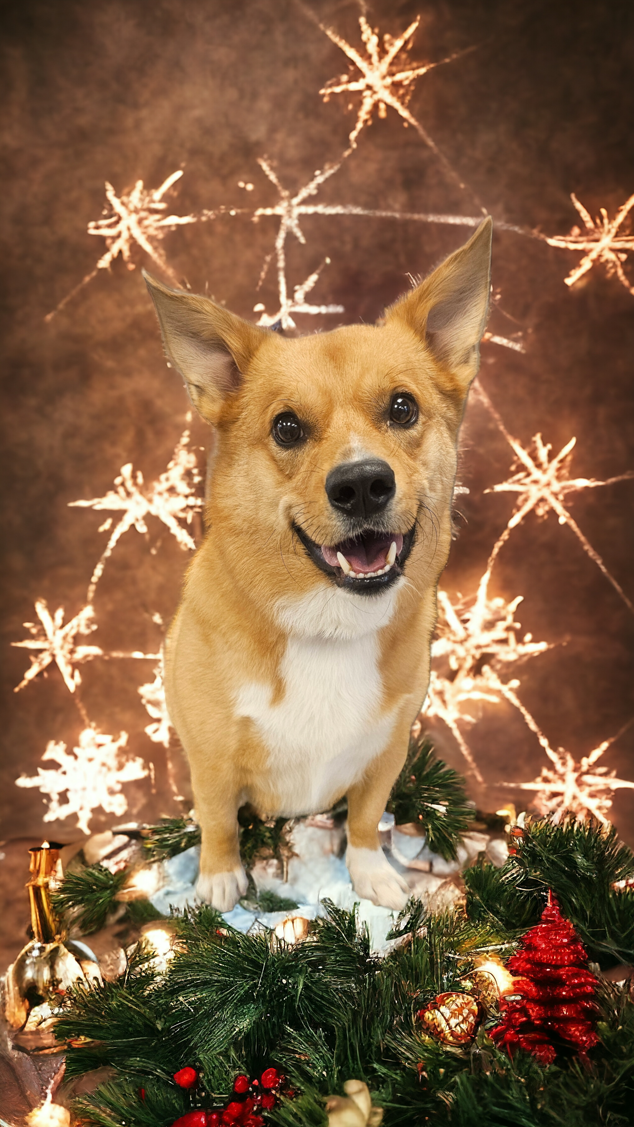 A happy tan and white dog standing on a snow-like surface, surrounded by Christmas greenery and decorations, with sparklers in the background.