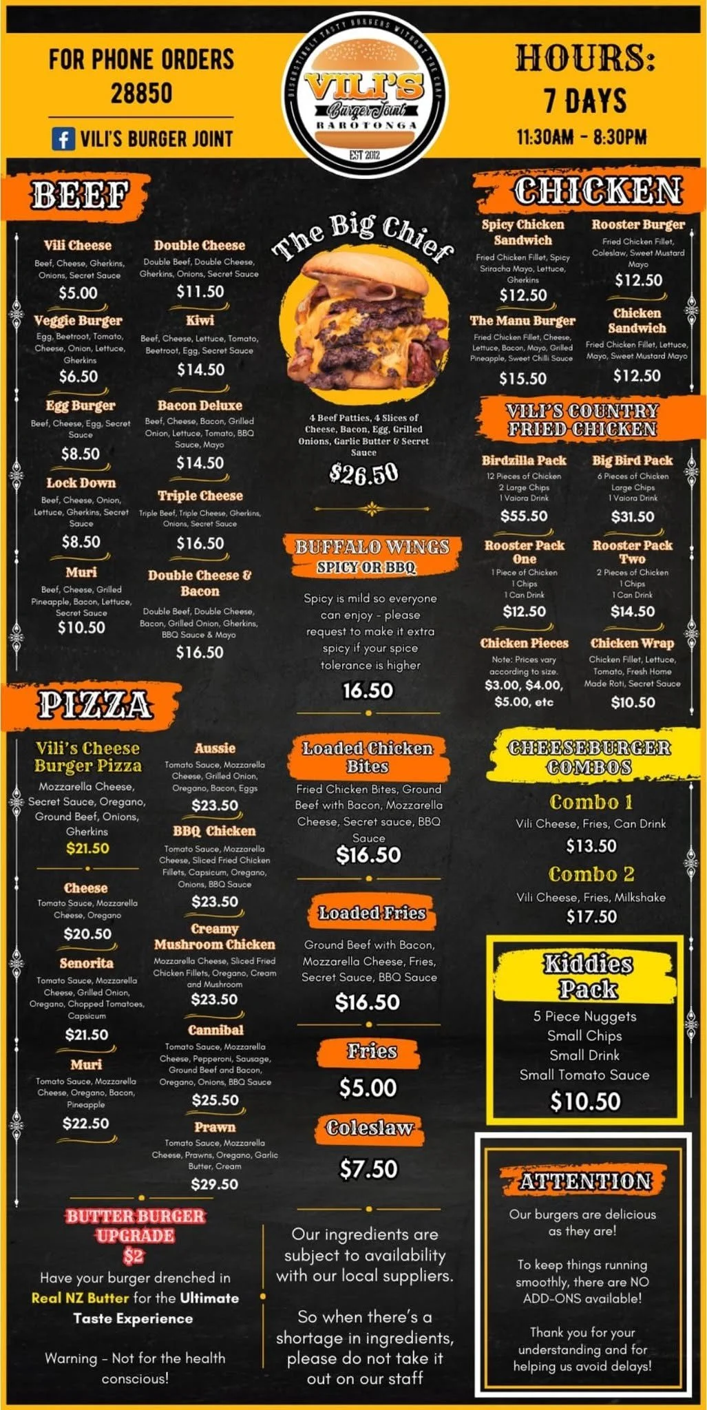 Vili's Burger Joint, a popular burger restaurant in Rarotonga, Cook Islands.